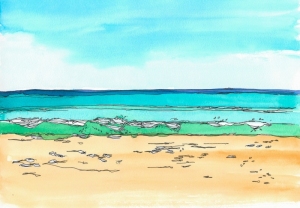 Painting-Danny-Touw-Crete-Back-in-Georgipolis-minimal-beach-and-sea
