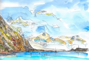 Painting-Danny-Touw-Crete-Back-in-Loutro-big-sky-very-thin-lines