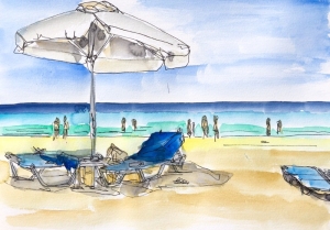 Painting-Danny-Touw-Crete-Beach-umbrellas-Georgioupoli