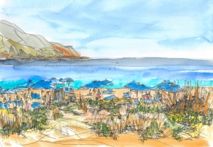 Painting-Danny-Touw-Crete-Georgiopoli-Beach-dunes-and-umbrellas