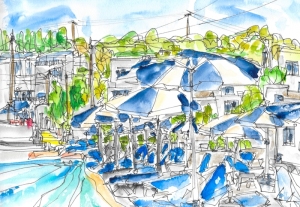 Painting-Danny-Touw-Crete-Loutro-beach-with-umbrellas-and-house