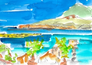 Painting-Danny-Touw-Crete-Marathi-with-land-behind-a-few-lines-bit-like-dufy