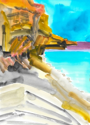 Painting-Danny-Touw-Crete-Sfakia-Beach-bold-watercolours-no-lines