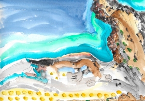 Painting-Danny-Touw-Crete-Sfakia-beach-imagined-from-above