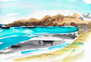 Painting-Danny-Touw-Crete-Sfakia-beach-very-strong-colours-minimal