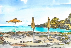 Painting-Danny-Touw-Crete-Sfakia-beach-with-3-umbrellas-2