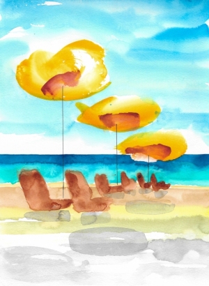 Painting-Danny-Touw-Crete-Sfakia-beach-with-3-umbrellas-only-3-ink-lines