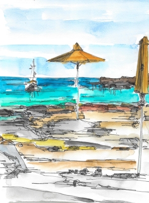 Painting-Danny-Touw-Crete-Sfakia-beach-with-beach-umbrella_
