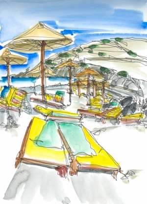 Painting-Danny-Touw-Crete-Sfakia-with-beach-loungers-vertical