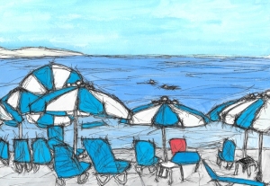 Painting-Danny-Touw-Crete-Sunumbrellas-Loutro-Beach-ink-lines-as-sketch-lines-blue-white