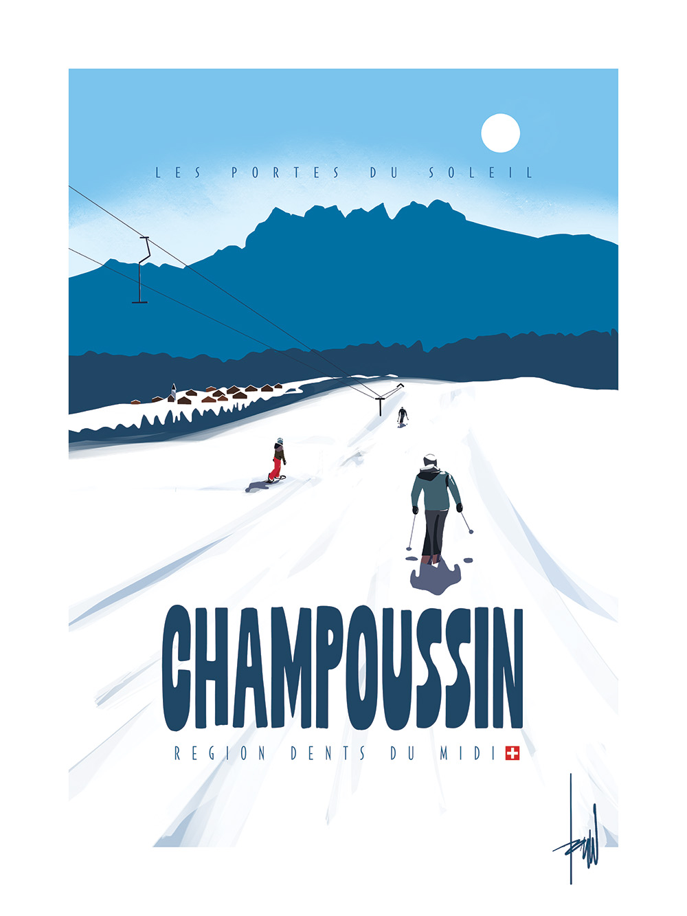 Ski Poster Champoussin Region Dents du Midi Switzerland Portes du Soleil