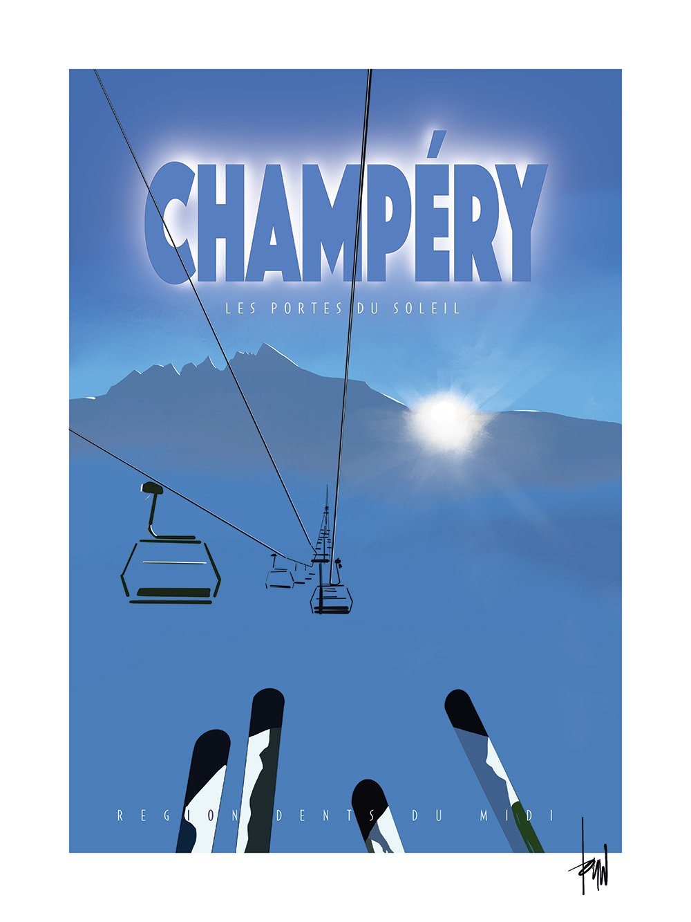 Ski Poster Champéry Region Dents du Midi Switzerland Portes du Soleil Design by Danny Touw