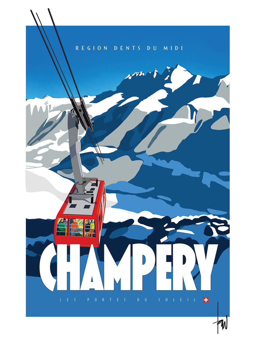Poster Danny Touw Champery Téléphérique Telecabin Cablecar Ski Poster Region Dents du Midi Switzerland Portes du Soleil